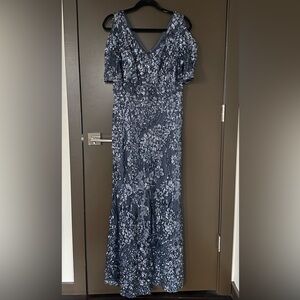 Alex Evenings Navy Blue Silver Sequins Floral Evening Gown Size 10